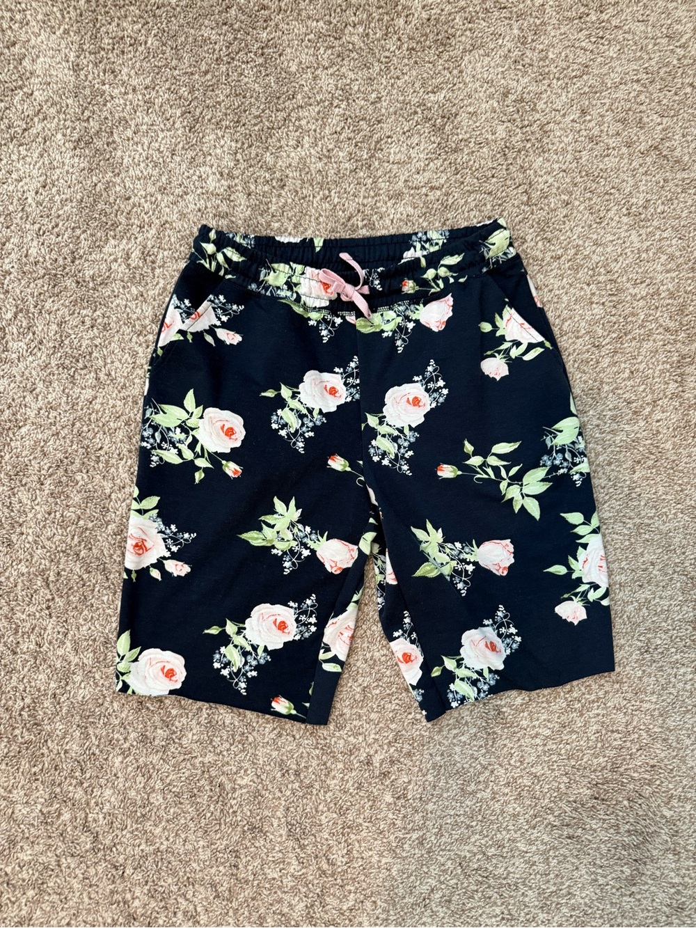 LuLaRoe Jamie French Terry Floral Navy Knit Lounge Shorts with Pink Drawstring